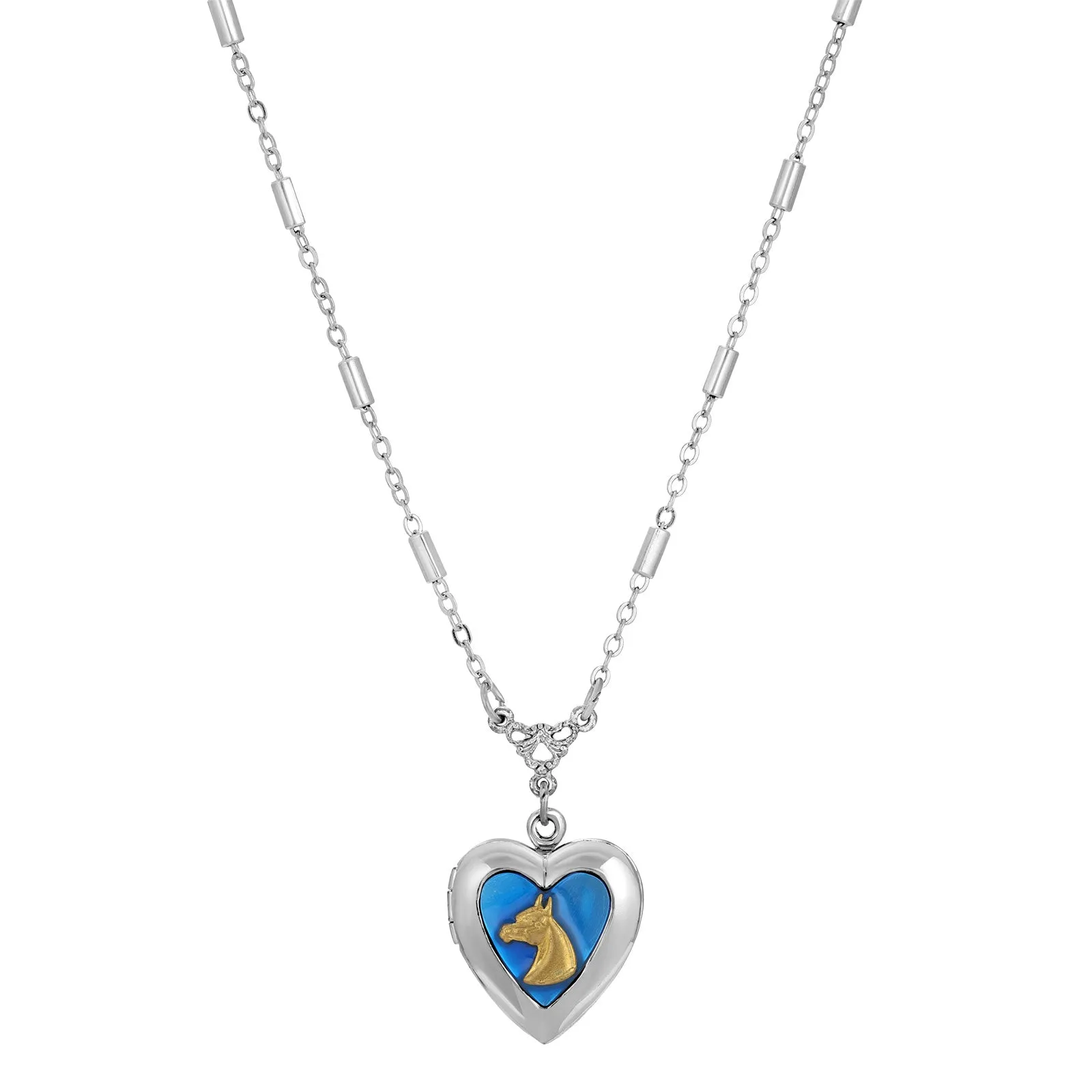 1928 Jewelry Sapphire Blue Horse Heart Locket Necklace 16 + 3 Extender