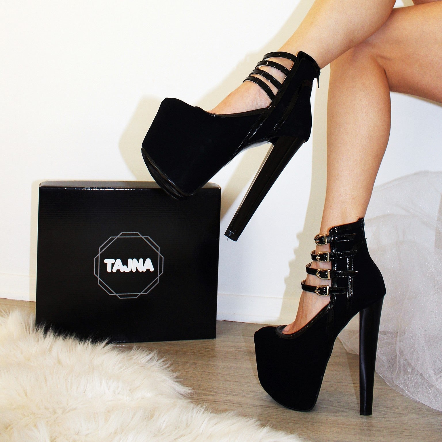 Black Faux Suede Belted Platform Heel Boots