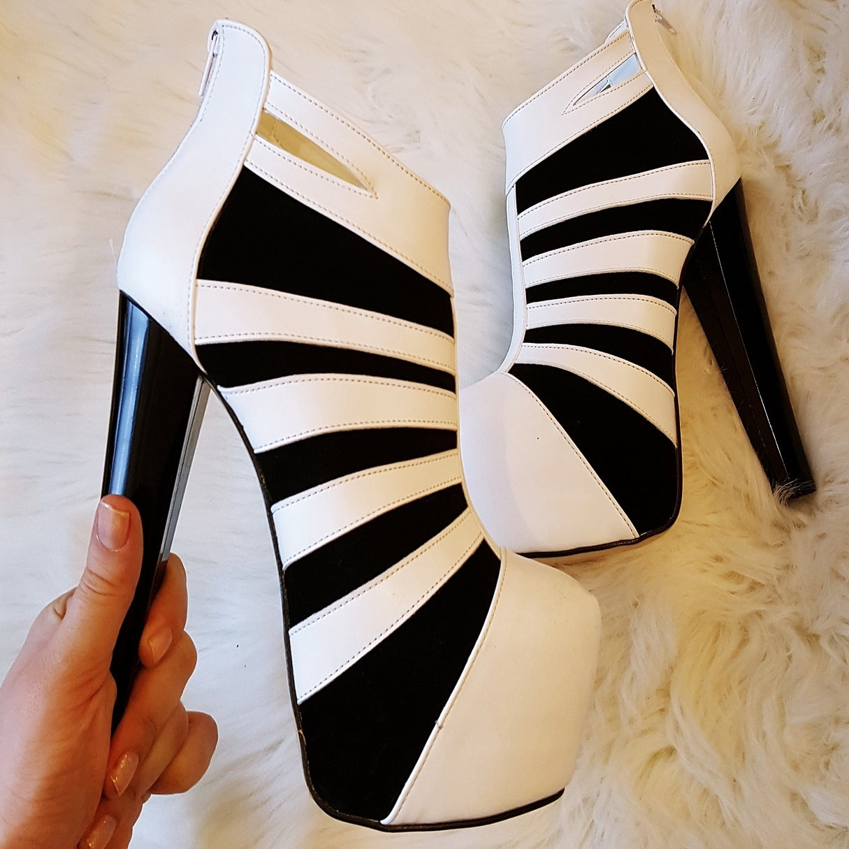 Black White Stripe Ankle Platform Booties