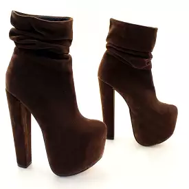 Brown Velvet Suede Platform Ankle Booties