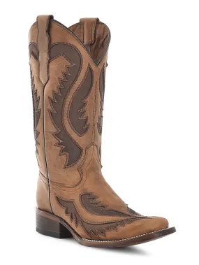 Circle G L6129 Ladies Embroidery Inlay Square Toe Boot Tan Chocolate