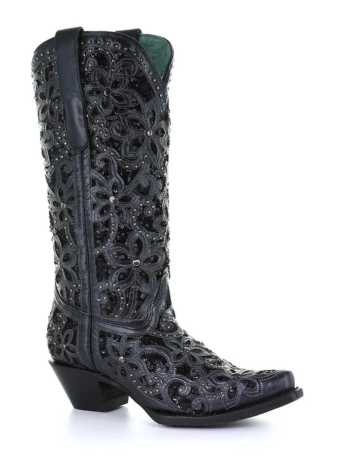 Corral A3752 Ladies Embroidery Inlay Studs Snip Toe Cowgirl Boot Black