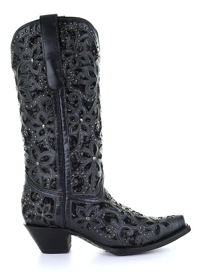 Corral A3752 Ladies Embroidery Inlay Studs Snip Toe Cowgirl Boot Black