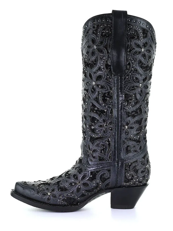 Corral A3752 Ladies Embroidery Inlay Studs Snip Toe Cowgirl Boot Black