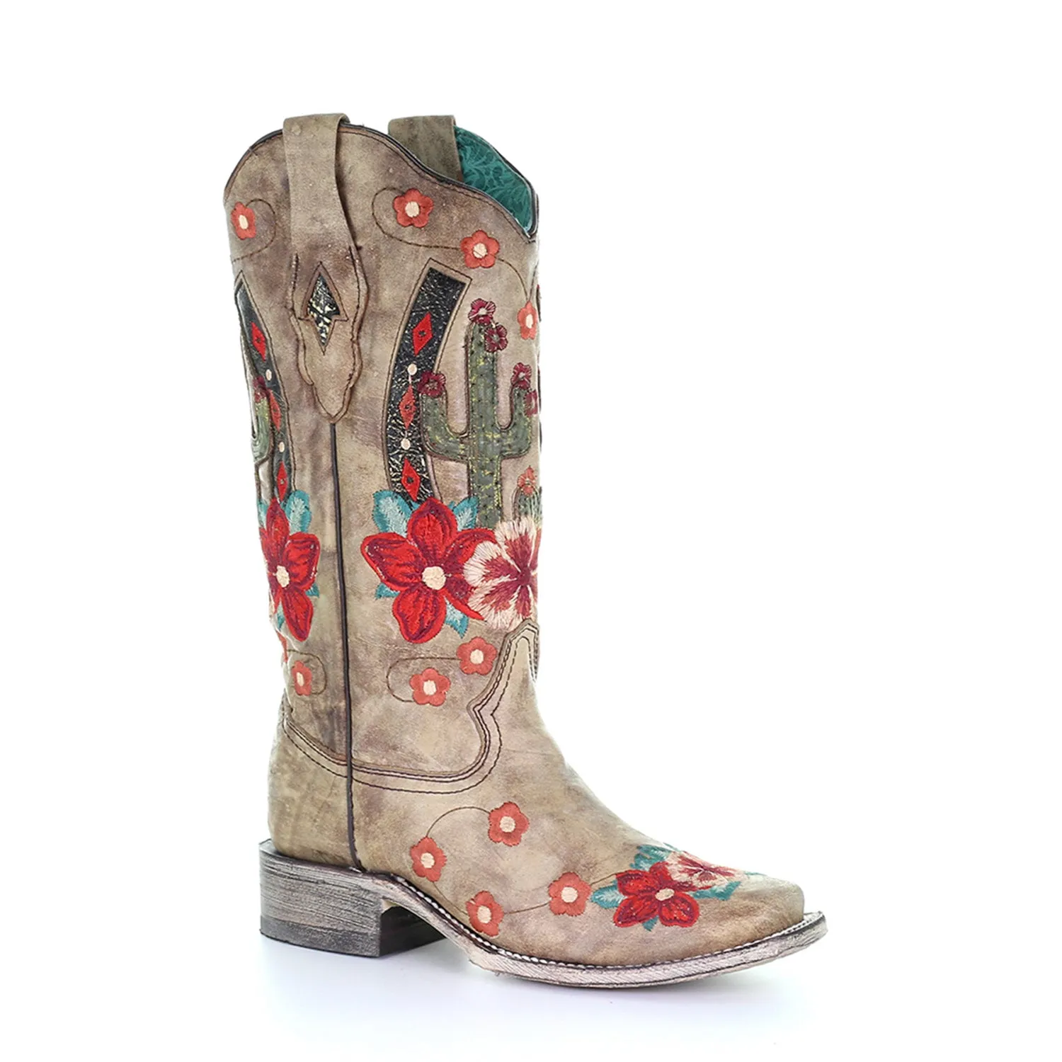 Corral Womens Cactus Flowers Cowboy Boots Leather Tan