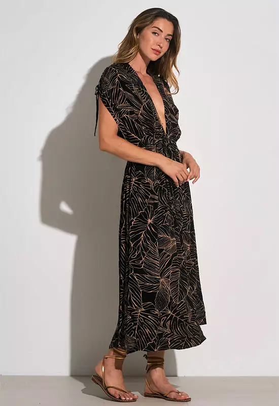 Elan - V-Neck Open Back Maxi Dress Black Tropic