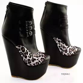 Leopard Black Faux Leather Ankle 16 cm Heel Wedge Booties