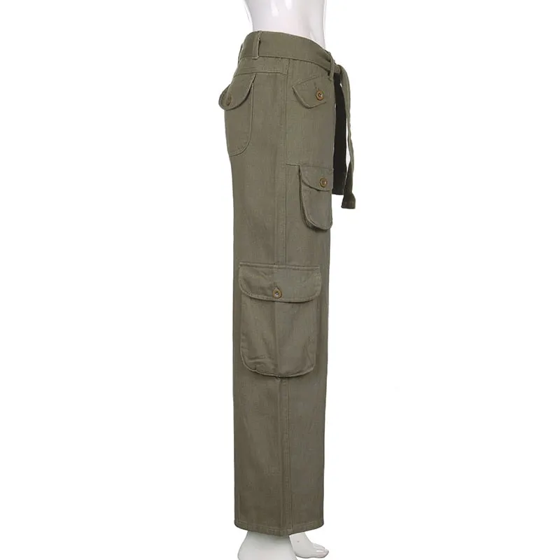 Low Rise Y2K Trousers Women's Straight Retro Cargo Pants with Belt Pockets