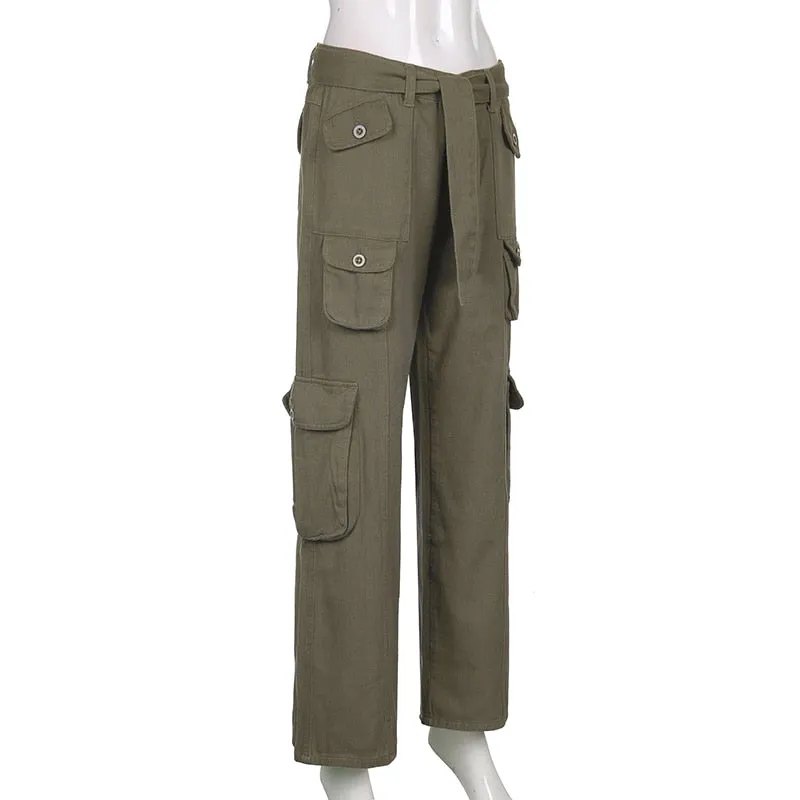 Low Rise Y2K Trousers Women's Straight Retro Cargo Pants with Belt Pockets