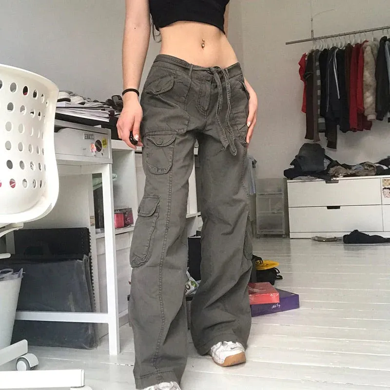 Low Rise Y2K Trousers Women's Straight Retro Cargo Pants with Belt Pockets