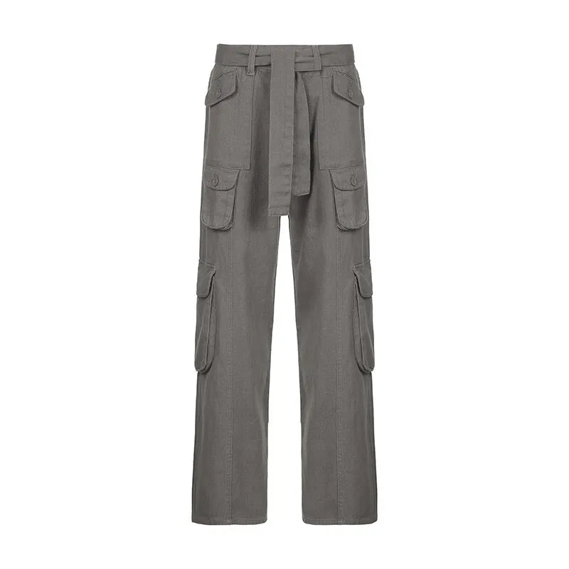 Low Rise Y2K Trousers Women's Straight Retro Cargo Pants with Belt Pockets