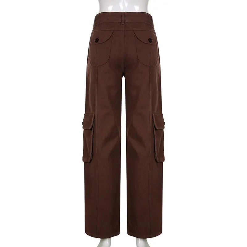 Low Rise Y2K Trousers Women's Straight Retro Cargo Pants with Belt Pockets