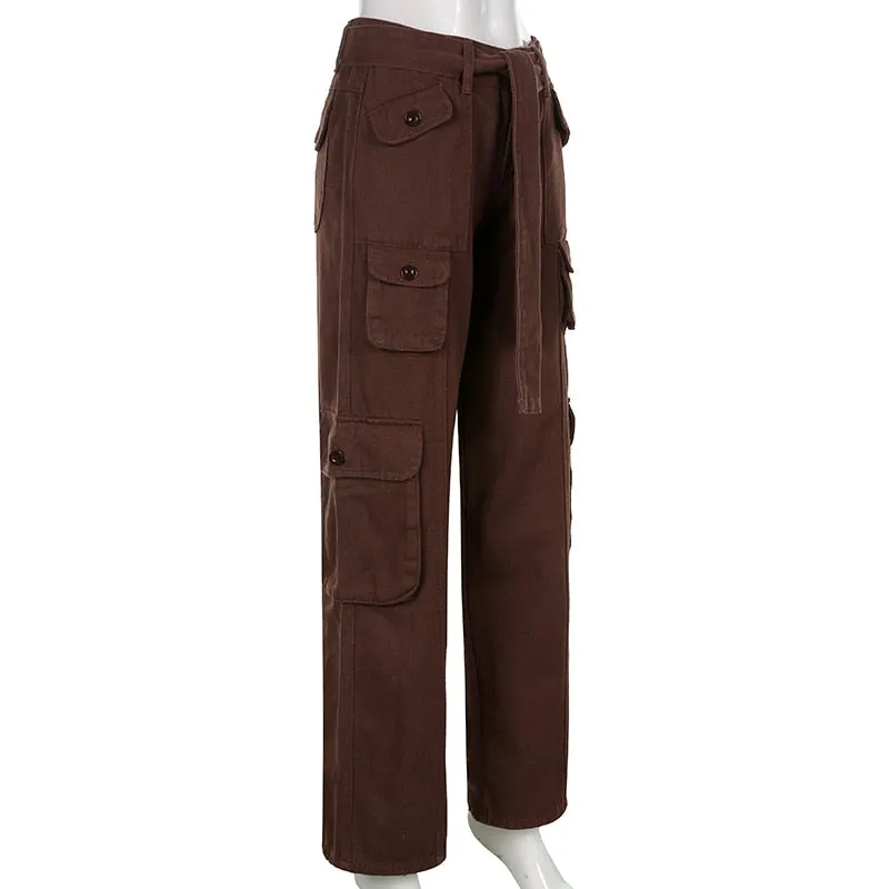 Low Rise Y2K Trousers Women's Straight Retro Cargo Pants with Belt Pockets