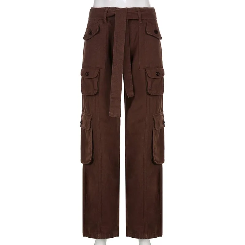 Low Rise Y2K Trousers Women's Straight Retro Cargo Pants with Belt Pockets