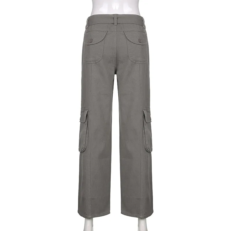 Low Rise Y2K Trousers Women's Straight Retro Cargo Pants with Belt Pockets