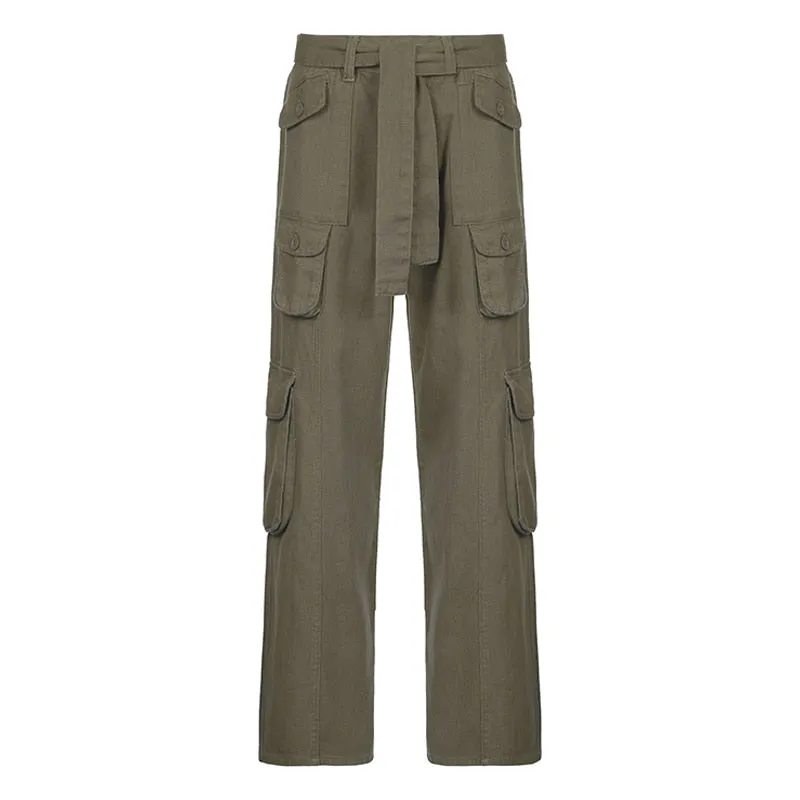 Low Rise Y2K Trousers Women's Straight Retro Cargo Pants with Belt Pockets