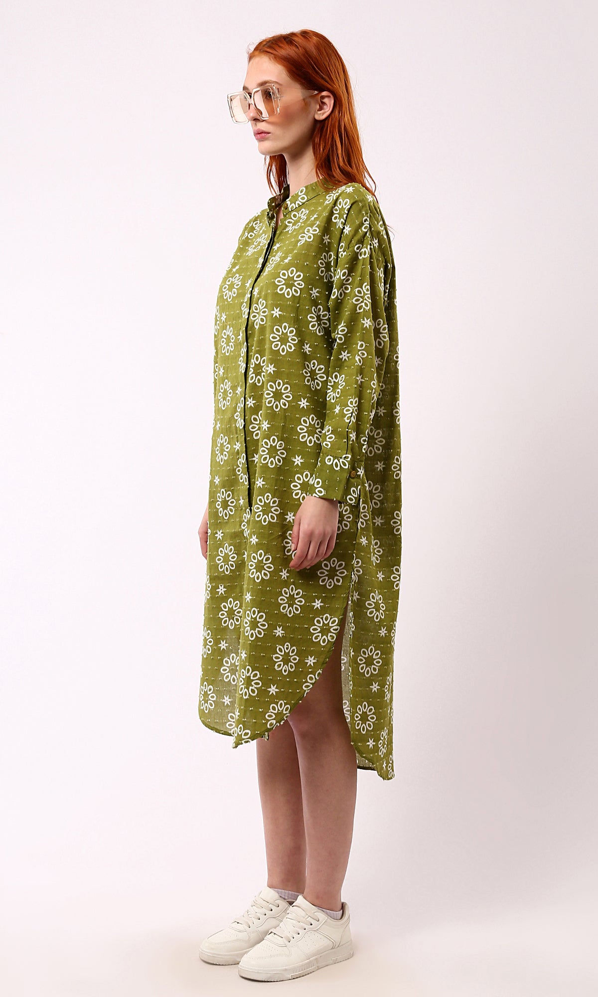 O178039 Olive Floral Shirt Dress With Front Hidden Buttons