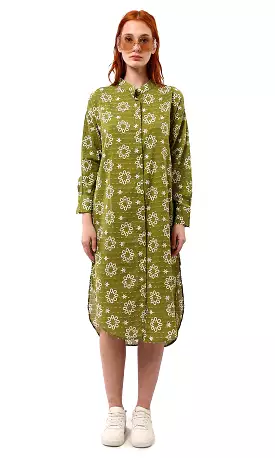 O178039 Olive Floral Shirt Dress With Front Hidden Buttons