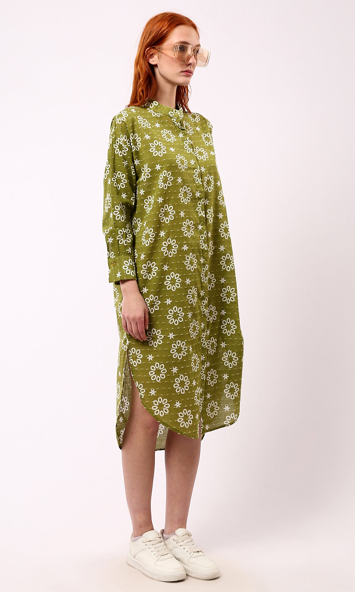 O178039 Olive Floral Shirt Dress With Front Hidden Buttons