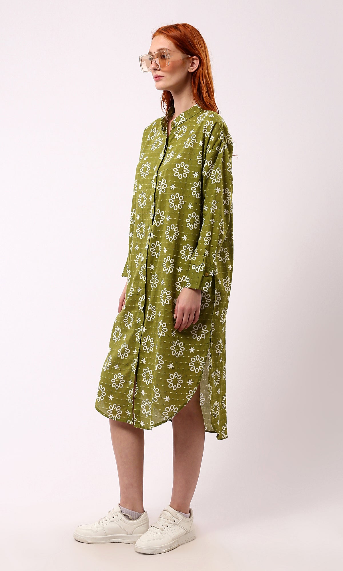 O178039 Olive Floral Shirt Dress With Front Hidden Buttons