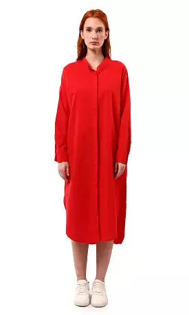 O179182 Long Sleeves Red Shirt Dress With Front Hidden Buttons