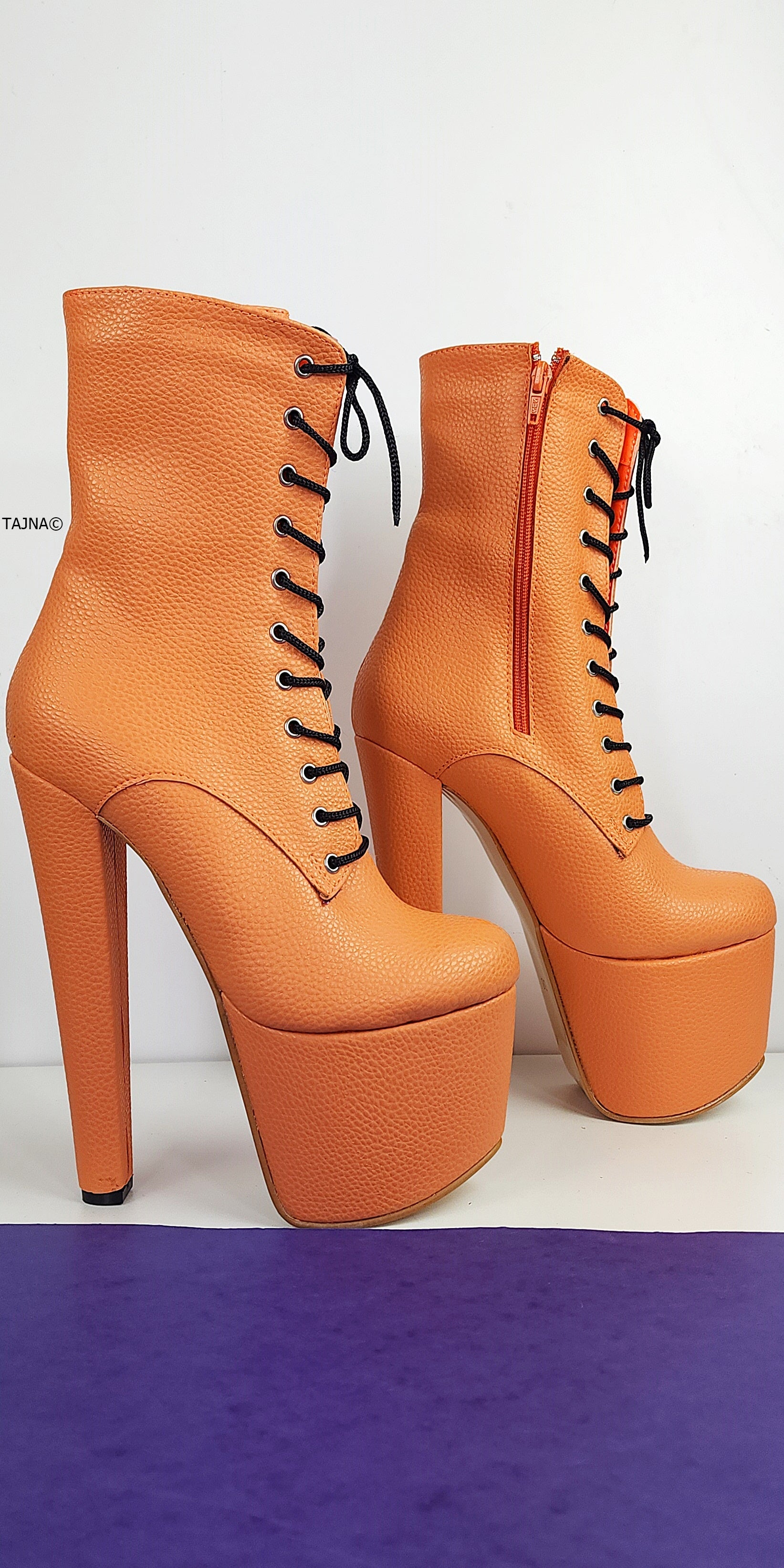 Orange Matte Lace Up Chunky Heel Boots