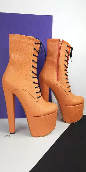 Orange Matte Lace Up Chunky Heel Boots