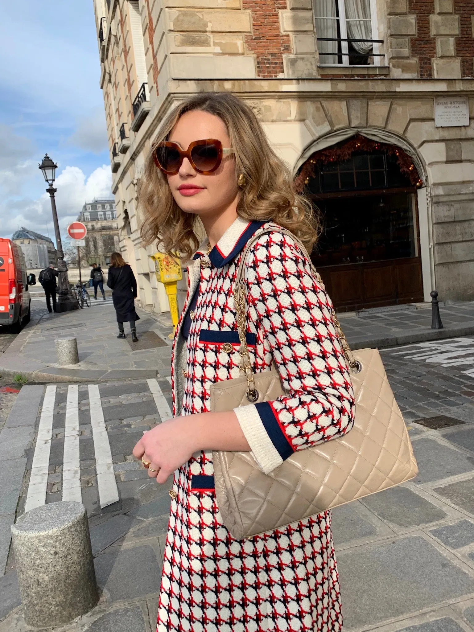 Patterned Knee Length Tweed Coat - Red + Navy