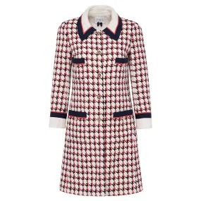 Patterned Knee Length Tweed Coat - Red + Navy