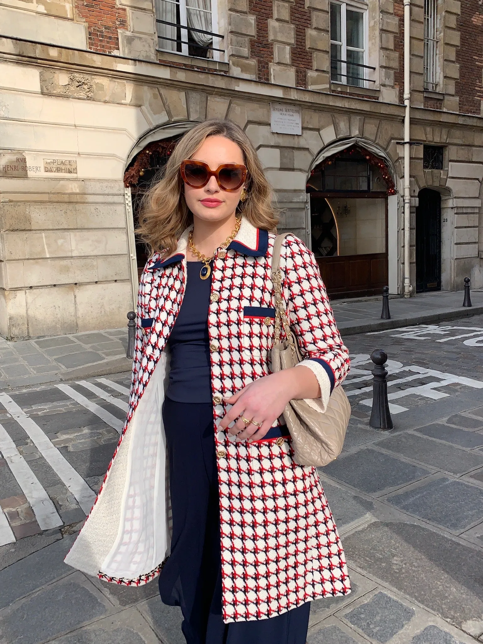 Patterned Knee Length Tweed Coat - Red + Navy