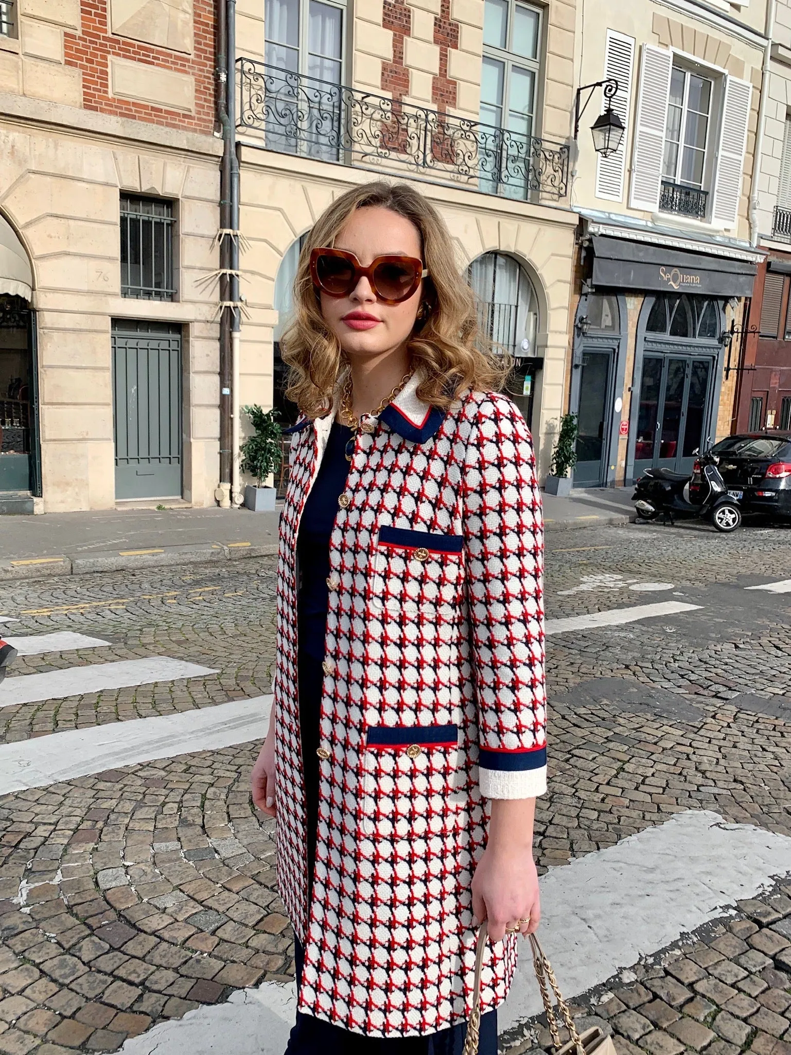 Patterned Knee Length Tweed Coat - Red + Navy