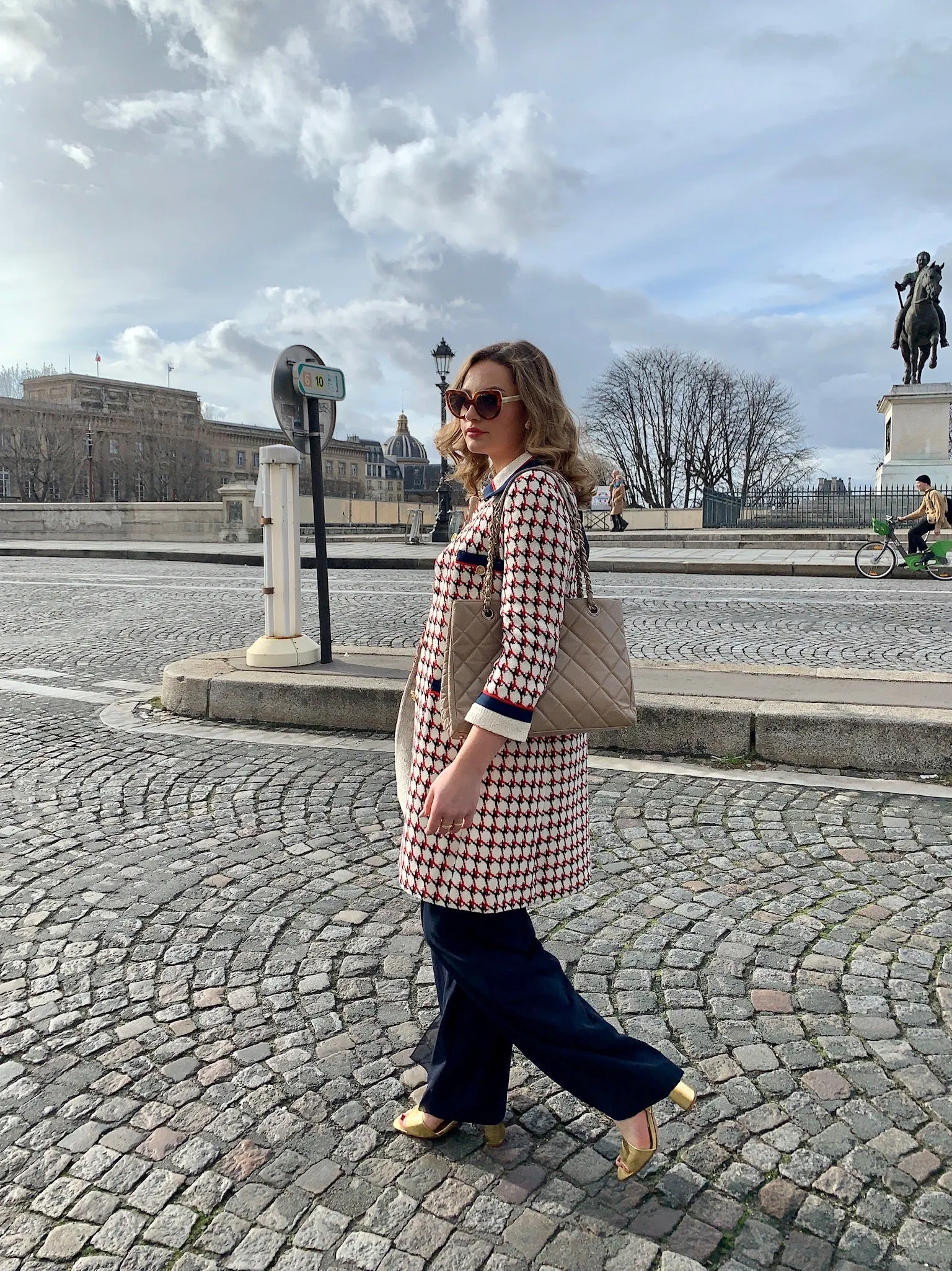 Patterned Knee Length Tweed Coat - Red + Navy