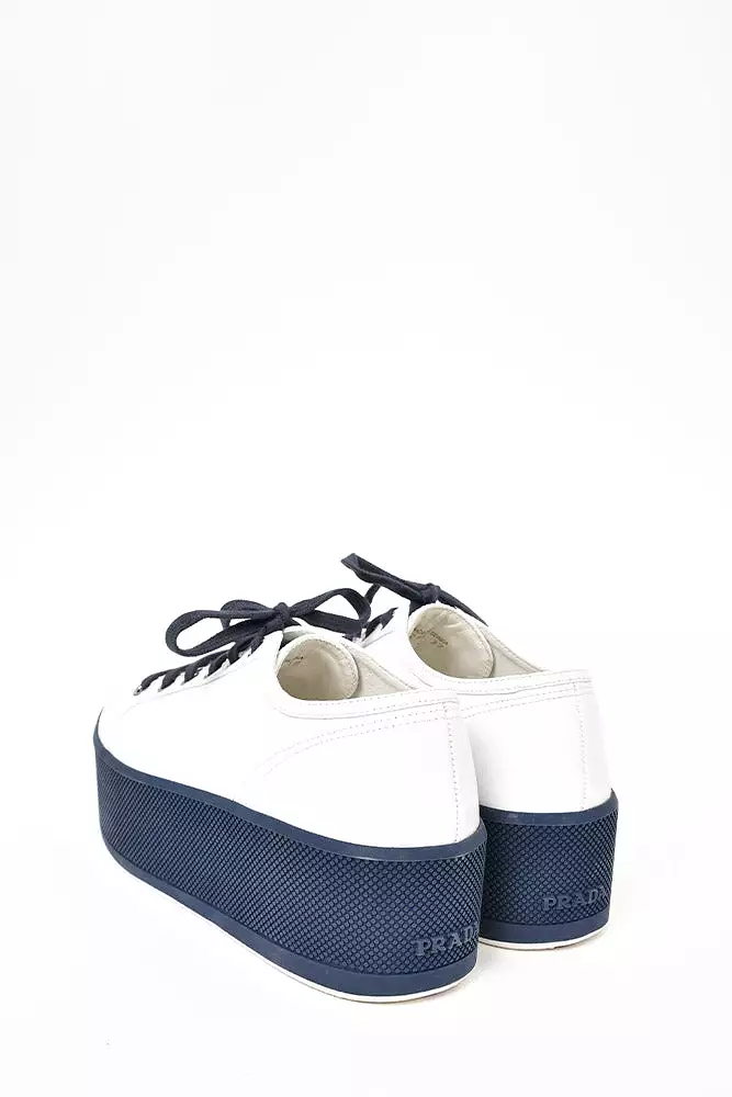 Prada White/Blue Leather Platform Sneaker sz 37