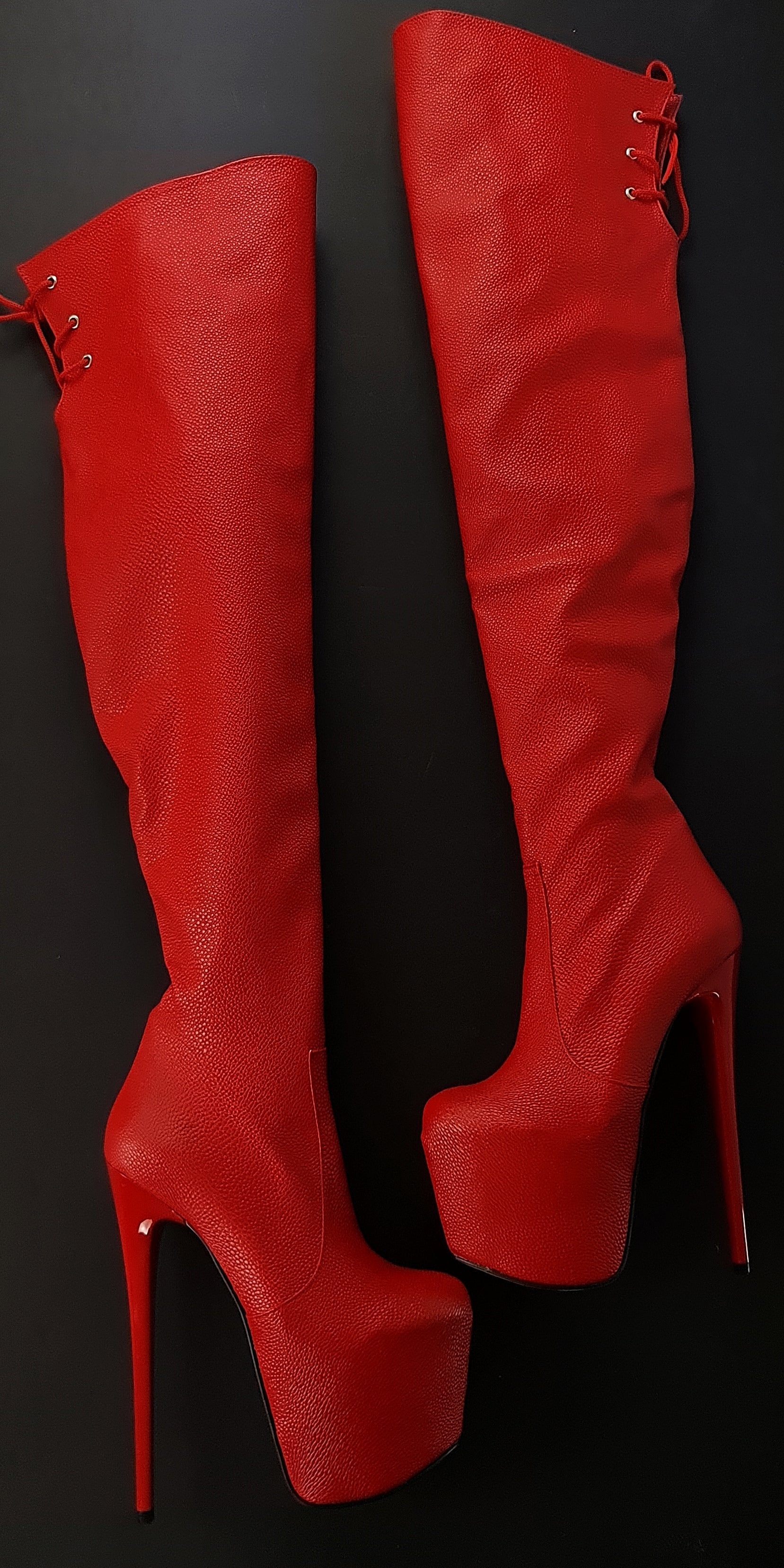 Red Back Lace High Heel Thigh Boots