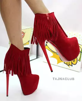 Red Fringed Platform Ankle Boots