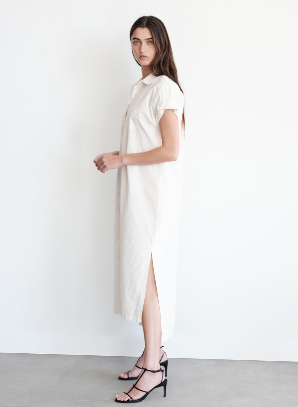 Structured Poplin Rolled Sleeve Midi Shirt Dress in Cream