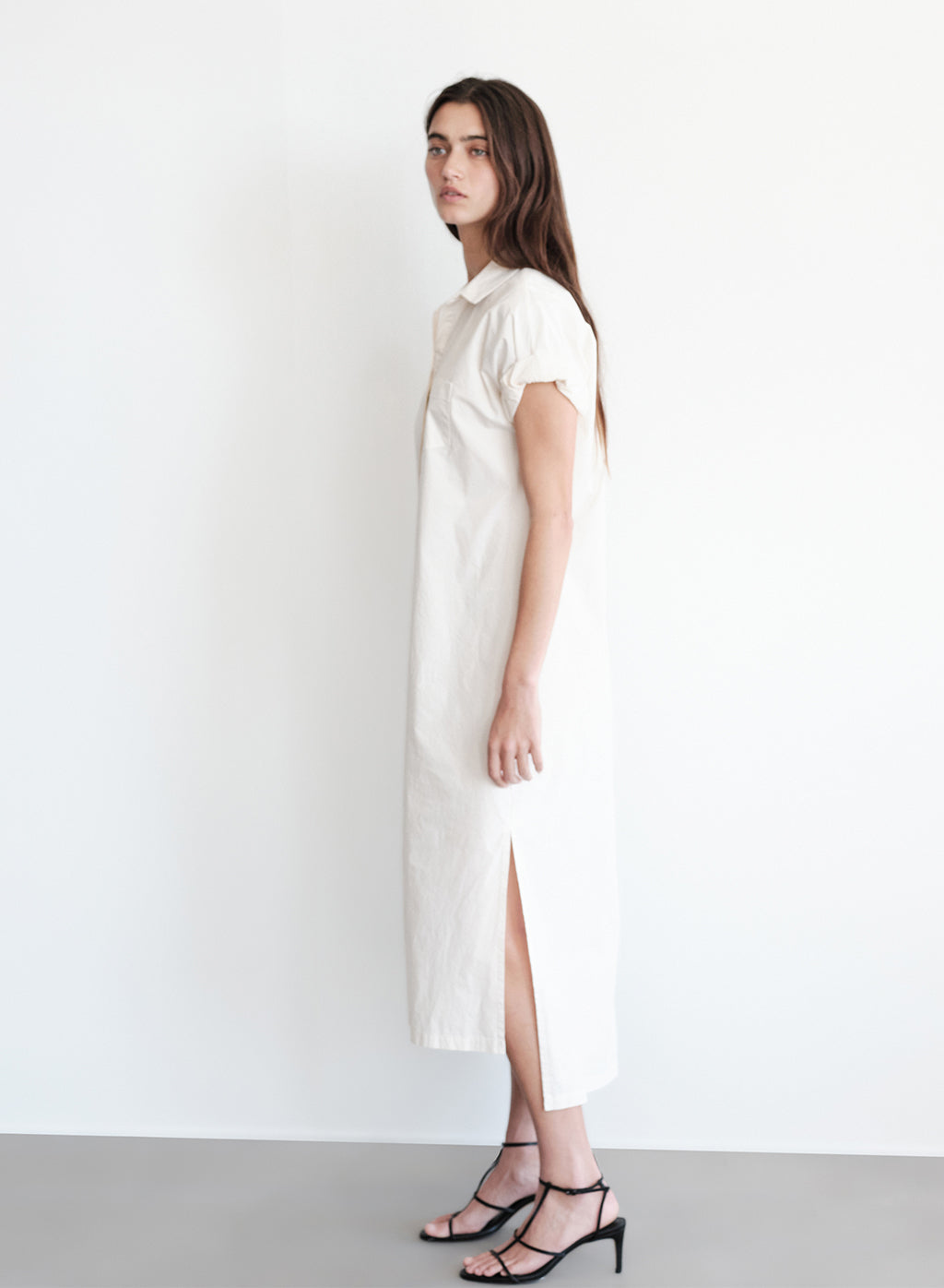 Structured Poplin Rolled Sleeve Midi Shirt Dress in Cream