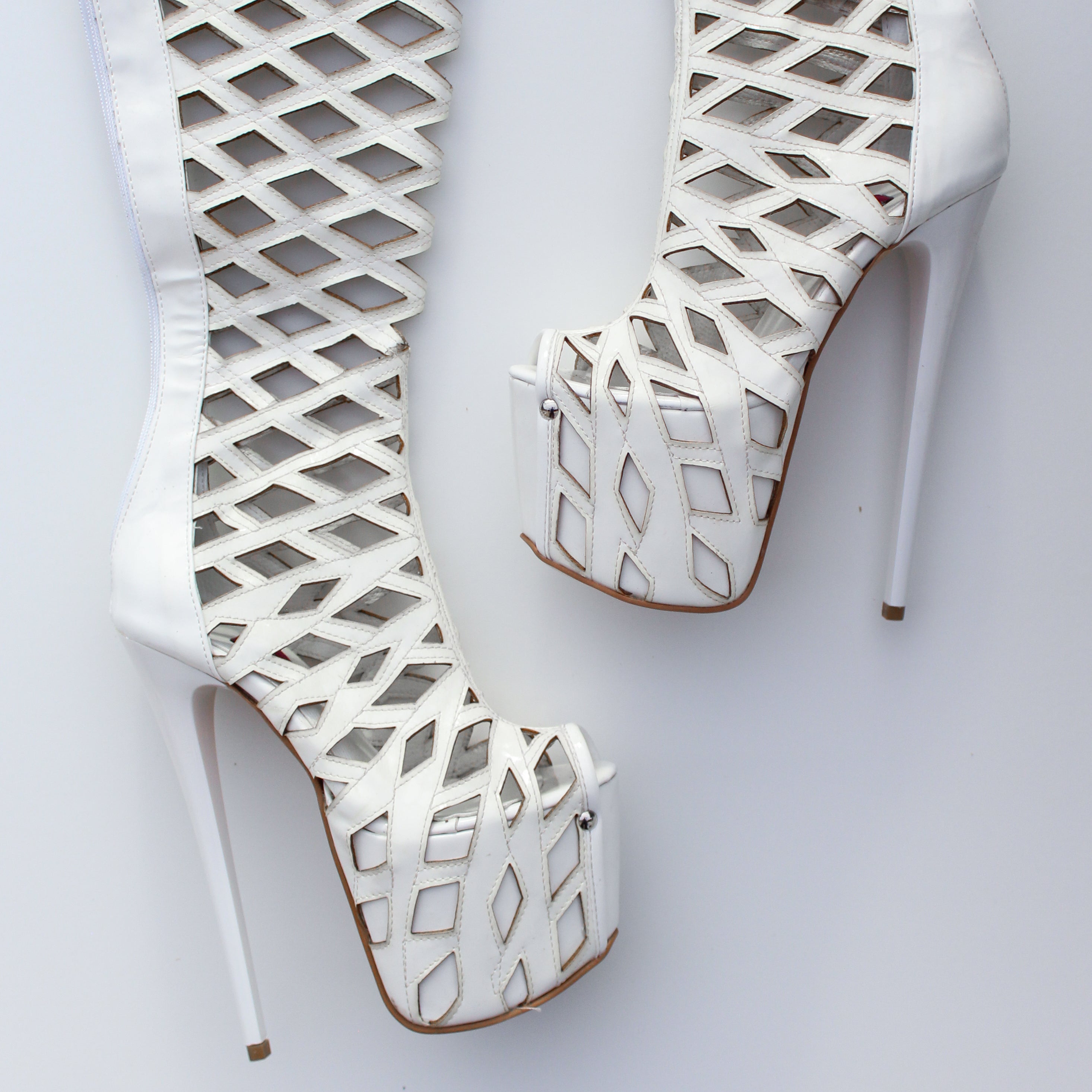 White Laser Cut Thigh High Boots