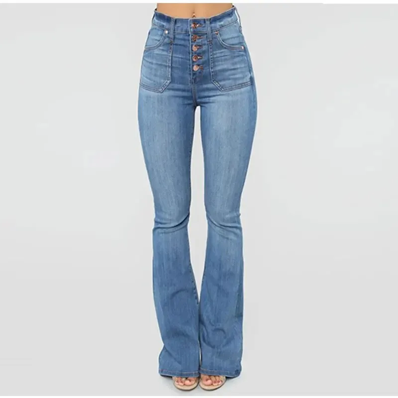 Women's Casual Button-Up High Waist Denim Skinny Fit Flare Pants