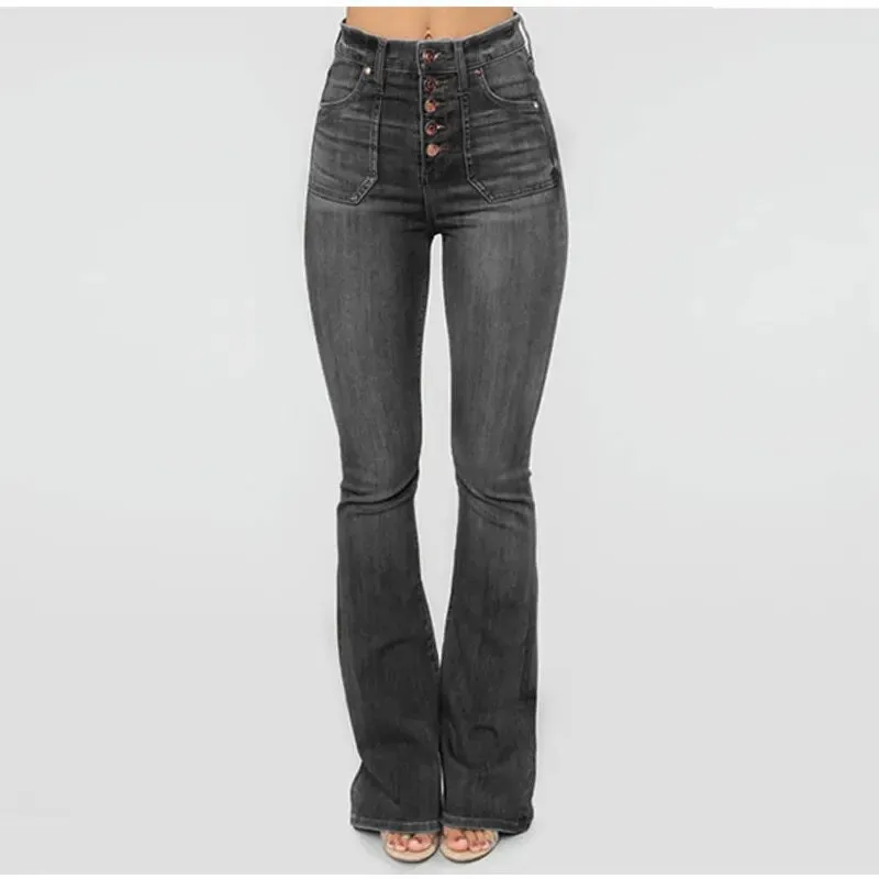 Women's Casual Button-Up High Waist Denim Skinny Fit Flare Pants