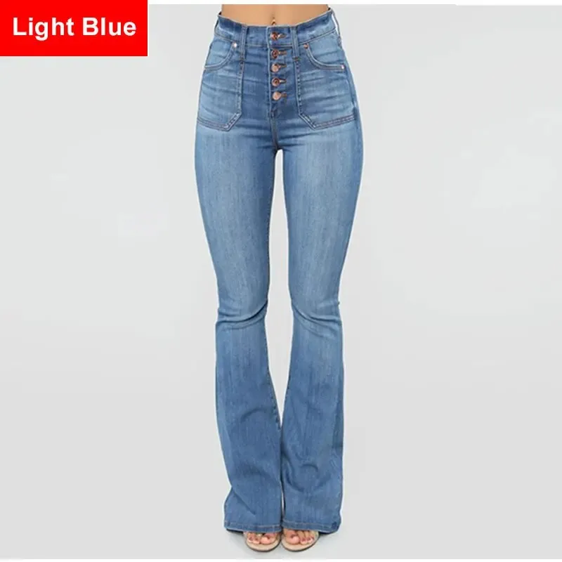 Women's Casual Button-Up High Waist Denim Skinny Fit Flare Pants