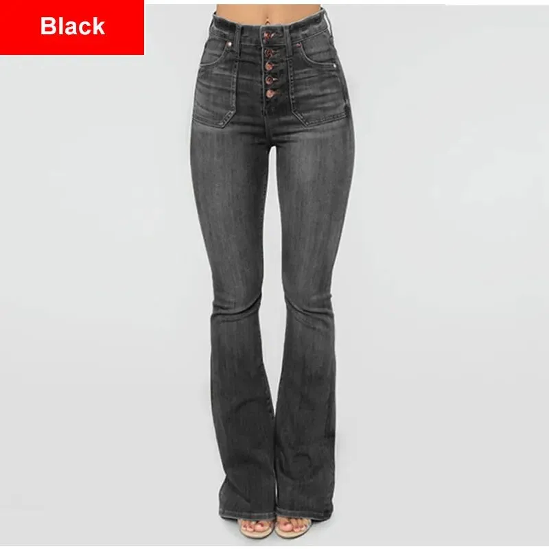 Women's Casual Button-Up High Waist Denim Skinny Fit Flare Pants