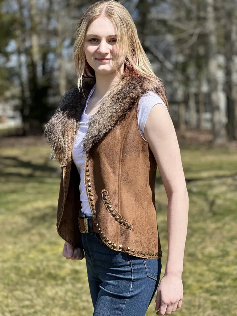 Women's Suede vest with removable Fur-Brown (2A338)