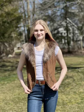 Women's Suede vest with removable Fur-Brown (2A338)