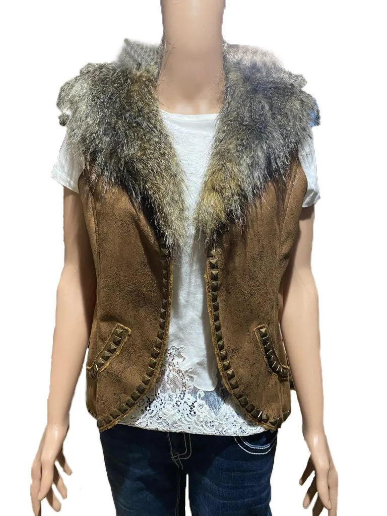 Women's Suede vest with removable Fur-Brown (2A338)