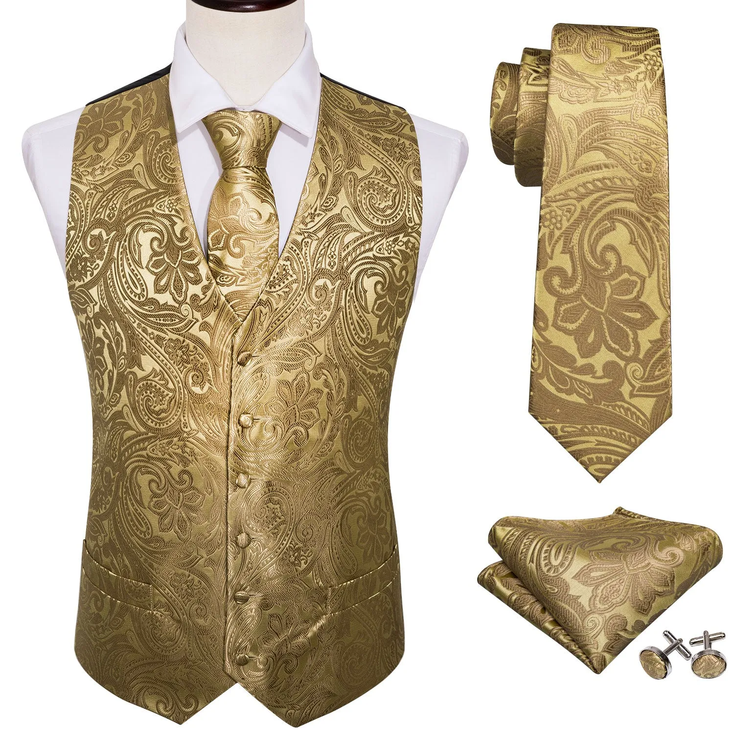 Xituodai 4PC Mens Extra Silk Vest Party Wedding Gold Paisley Solid Floral Waistcoat Vest Pocket Square Tie Suit Set Barry.Wang B