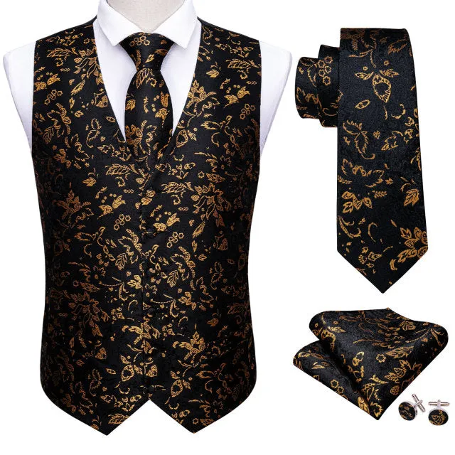 Xituodai 4PC Mens Extra Silk Vest Party Wedding Gold Paisley Solid Floral Waistcoat Vest Pocket Square Tie Suit Set Barry.Wang B