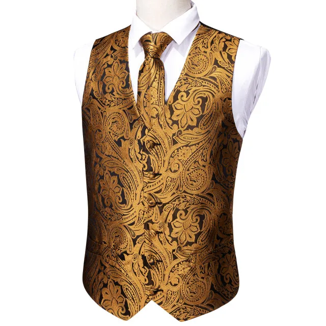 Xituodai 4PC Mens Extra Silk Vest Party Wedding Gold Paisley Solid Floral Waistcoat Vest Pocket Square Tie Suit Set Barry.Wang B