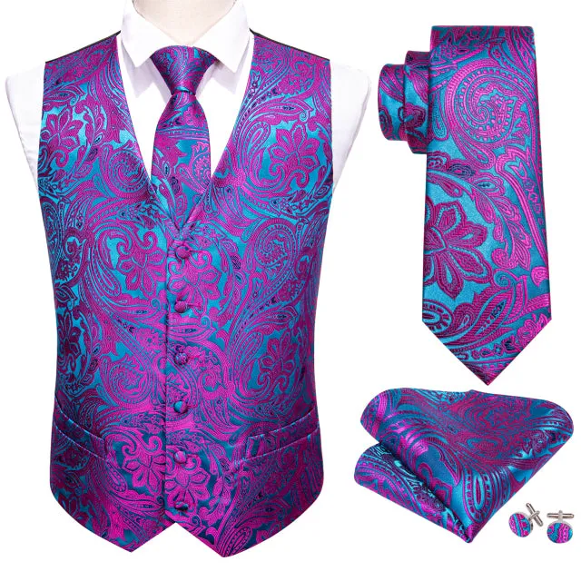 Xituodai 4PC Mens Extra Silk Vest Party Wedding Gold Paisley Solid Floral Waistcoat Vest Pocket Square Tie Suit Set Barry.Wang B