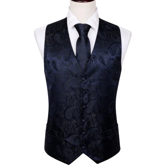 Xituodai 4PC Mens Extra Silk Vest Party Wedding Gold Paisley Solid Floral Waistcoat Vest Pocket Square Tie Suit Set Barry.Wang B